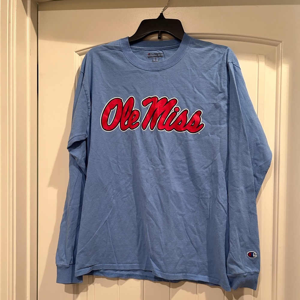 Champion Light Blue Long Sleeve Tee with Red "Ole Miss" Script